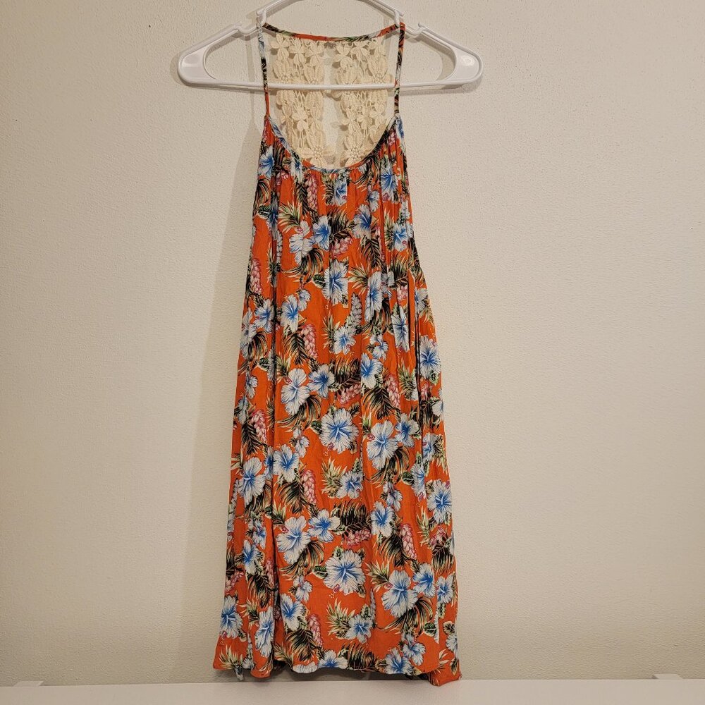 ENTRO Flowered Mini Dress Lined SMALL Orange Hawaiian Print with Crochet Back